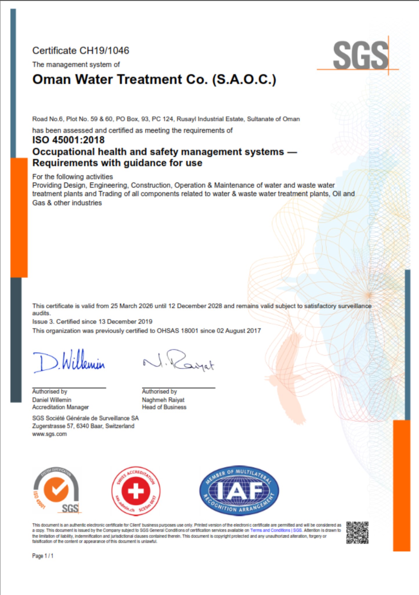 ISO 45001:2018 Certificate